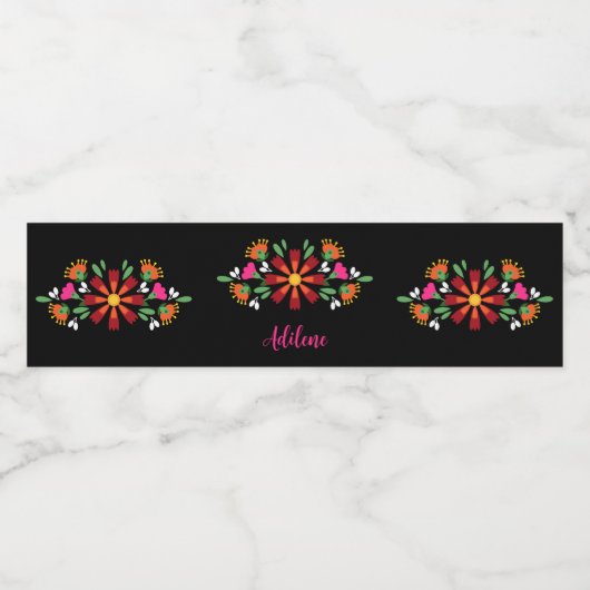 Zwart Verjaardag Bloem Fiesta Mexicaanse Borduurwe Waterfles Etiket (Enkel label)