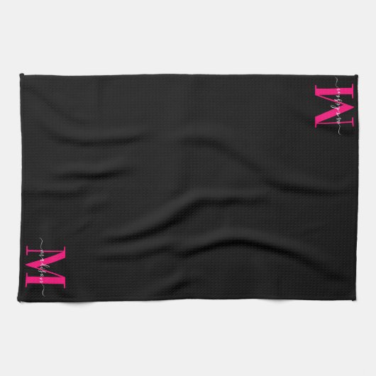 Zwart & Vet Hot Pink Monogram Initiaal Naam Famili Theedoek (Horizontaal)