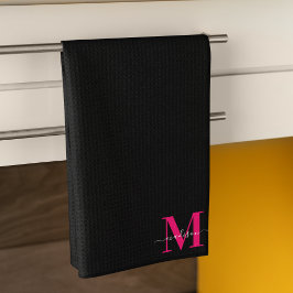 Zwart & Vet Hot Pink Monogram Initiaal Naam Famili Theedoek