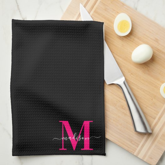 Zwart & Vet Hot Pink Monogram Initiaal Naam Famili Theedoek