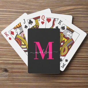 Zwart & Vet Hot Pink Monogram Naam Familie Pokerkaarten