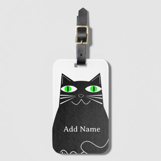 Zwart Vet Kat Met Groene Ogen Custom Name Bagagelabel (Voorkant (verticaal))