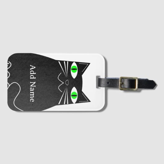 Zwart Vet Kat Met Groene Ogen Custom Name Bagagelabel (Voorkant (horizontaal))