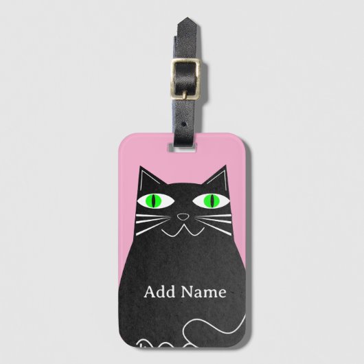Zwart Vet Kat Met Groene Ogen Custom Name Pink Bagagelabel (Voorkant (verticaal))