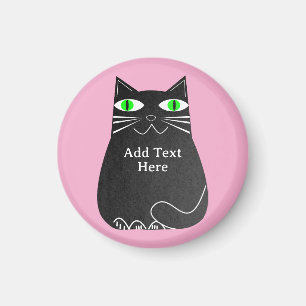 Zwart Vet Kat Met Groene Ogen Custom Text Pink Magneet