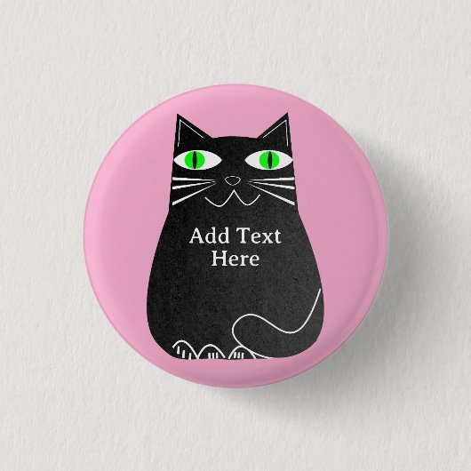 Zwart Vet Kat Met Groene Ogen Custom Text Pink Ronde Button 3,2 Cm (Voorkant)