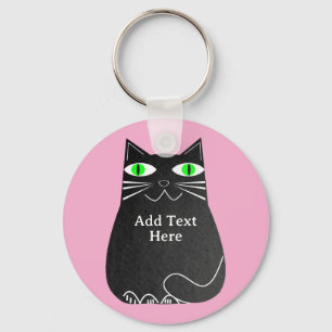 Zwart Vet Kat Met Groene Ogen Custom Text Pink Sleutelhanger