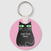 Zwart Vet Kat Met Groene Ogen Custom Text Pink Sleutelhanger (Achterkant)