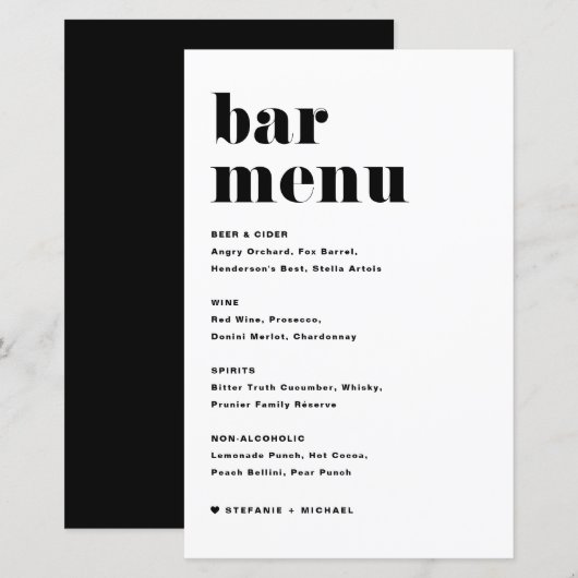 Zwart Vet Retro Typografie Bruiloft Bar Menu (Voorkant / Achterkant)