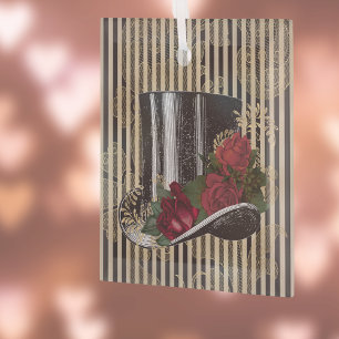 Zwart Victoriaans Pet op Black Gold Damask Stripes Glas Ornament