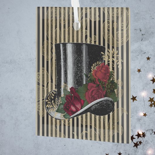 Zwart Victoriaans Pet op Black Gold Damask Stripes Glas Ornament