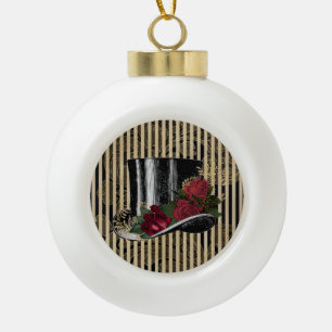 Zwart Victoriaans Pet op Black Gold Damask Stripes Keramische Bal Ornament