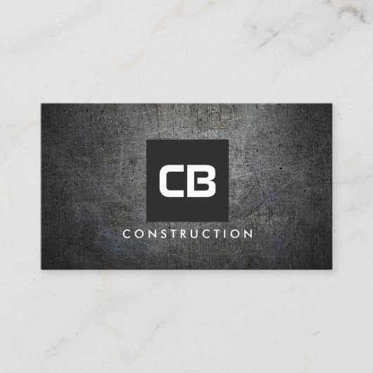 Zwart Vierkant Monogram Grunge Metaalbouw Visitekaartje (Voorkant)