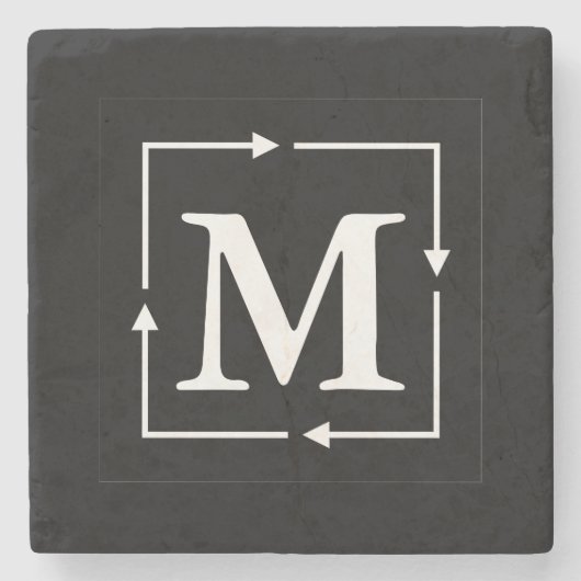 Zwart vierkant monogram op maat stenen onderzetter (Voorkant)