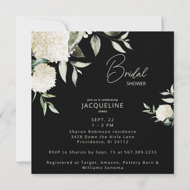 Zwart Vierkant Witte Hydrangeas Vrijgezellenfeest (Voorkant)