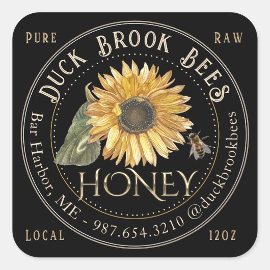 Zwart Vierkant Zonnebloem Honing Label voor Beren (Voorkant)