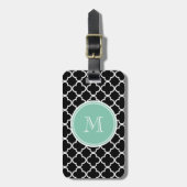 Zwart vierlobbig patroon, mintgroene monogram bagagelabel (Voorkant verticaal)