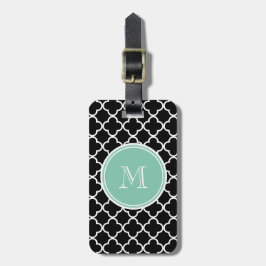 Zwart vierlobbig patroon, mintgroene monogram bagagelabel