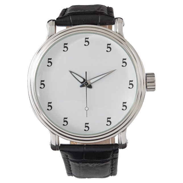 Zwart vijf uur ergens op wit horloge (Voorkant)