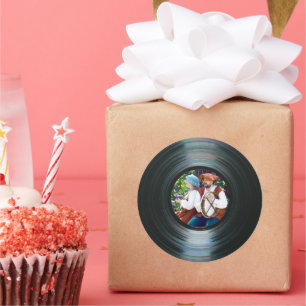 Zwart vinylmuziekrecordlabel ticker & foto ronde sticker