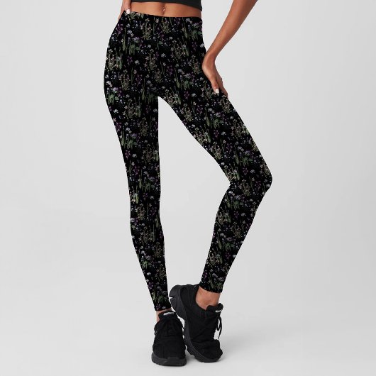 Zwart Violet Ditsy FLoral Pattern Girly Leggings