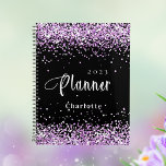 Zwart violet paarse glitter naam afspraak 2025 planner<br><div class="desc">Zwarte achtergrond. Violet,  paars faux glitter stof. Personaliseer en voeg een jaar en een naam toe. Witte letters.</div>
