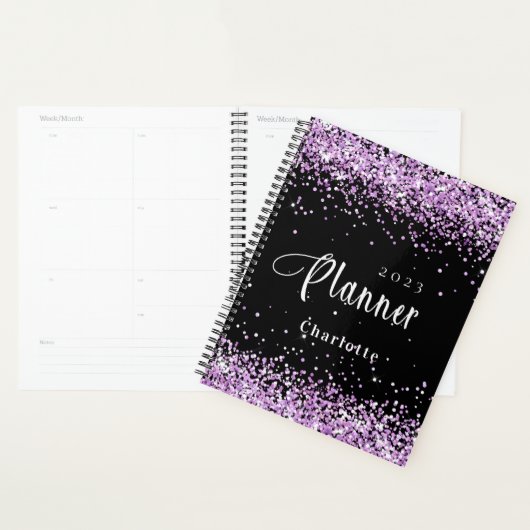 Zwart violet paarse glitter naam afspraak 2026 planner (Display)