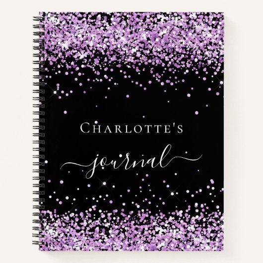 Zwart violet paarse naam script notitieboek (Voorkant)