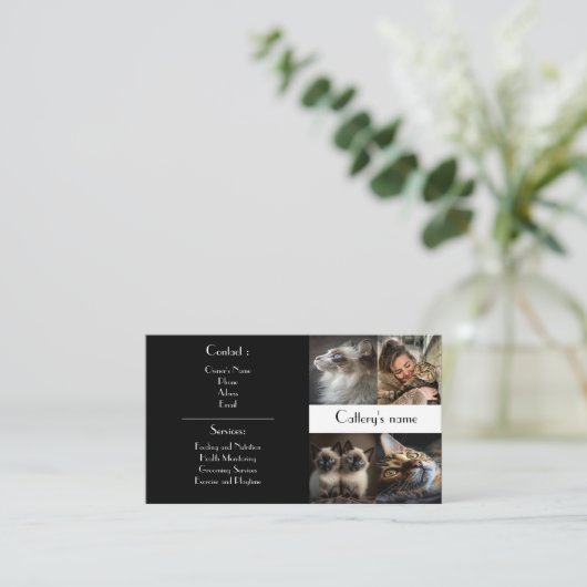 Zwart Visitekaartje voor cattery fotocollage (Staand voorkant)
