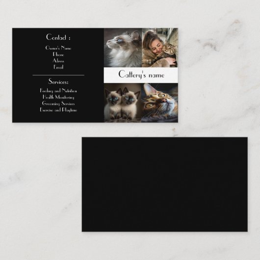 Zwart Visitekaartje voor cattery fotocollage (Voorkant / Achterkant)