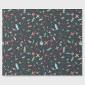 Zwart vliegtuig en luchtvaartpatroon cadeaupapier (Vlak)