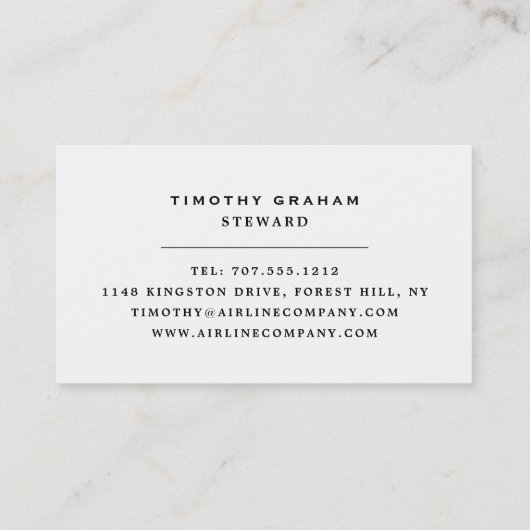 Zwart vliegtuigpictogram, steward en piloot visitekaartje (Achterkant)