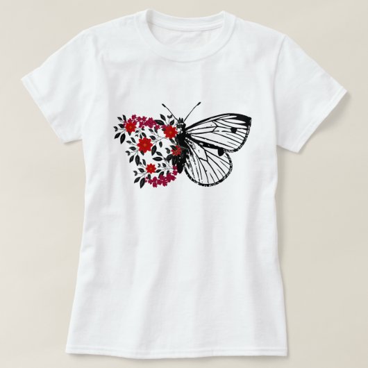  zwart vlinder rood bloemgroen blad t-shirt (Design voorkant)