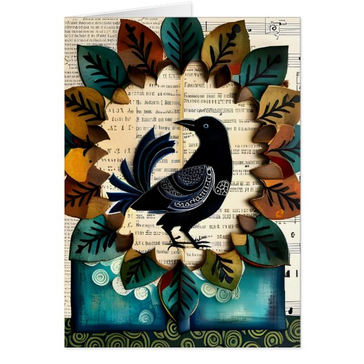 Zwart Vogel Collage Folk Art Blank Binnen Kaart (Voorkant)