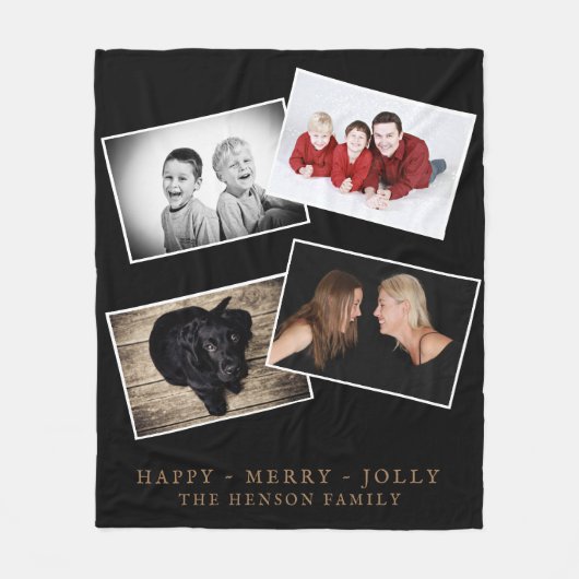 Zwart Vrolijk Jolly Kerstmis 4 Familie Foto Collag Fleece Deken (Voorkant)