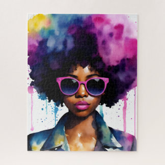Zwart Vrouw Afro Haar en Zonnebril Regenboog Kunst Legpuzzel