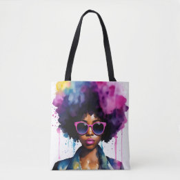 Zwart Vrouw Afro Haar en Zonnebril Regenboog Kunst Tote Bag