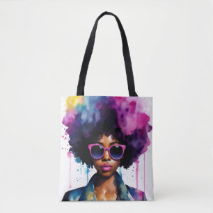 Zwart Vrouw Afro Haar en Zonnebril Regenboog Kunst Tote Bag