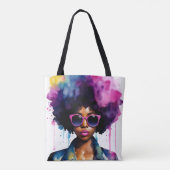 Zwart Vrouw Afro Haar en Zonnebril Regenboog Kunst Tote Bag (Achterkant)