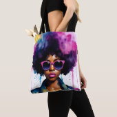 Zwart Vrouw Afro Haar en Zonnebril Regenboog Kunst Tote Bag (Dichtbij)
