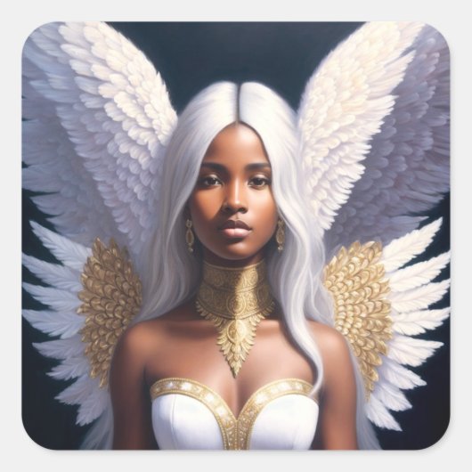 Zwart Vrouw Angel White Wings Art Vierkante Sticker (Voorkant)