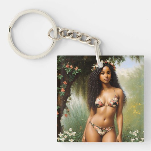 Zwart Vrouw Bikini Model Bloemen Beauty Sleutelhanger (Voorkant)