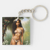 Zwart Vrouw Bikini Model Bloemen Beauty Sleutelhanger (Achterkant)