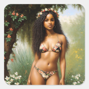 Zwart Vrouw Bikini Model Bloemen Beauty Vierkante Sticker