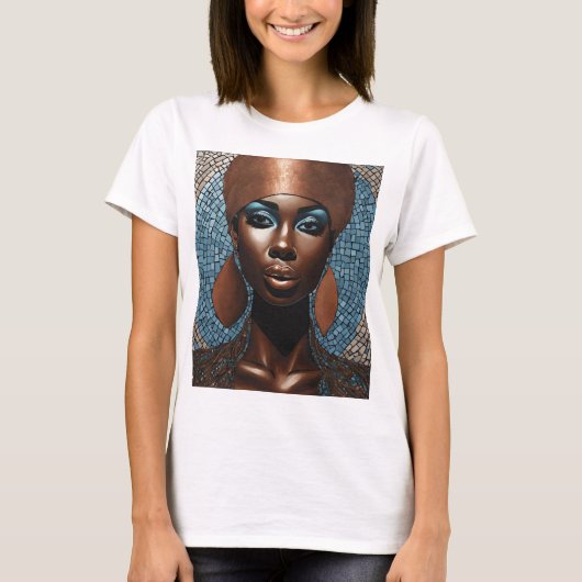 Zwart Vrouw Blauw Koper Mozaïek T-shirt (Voorkant)