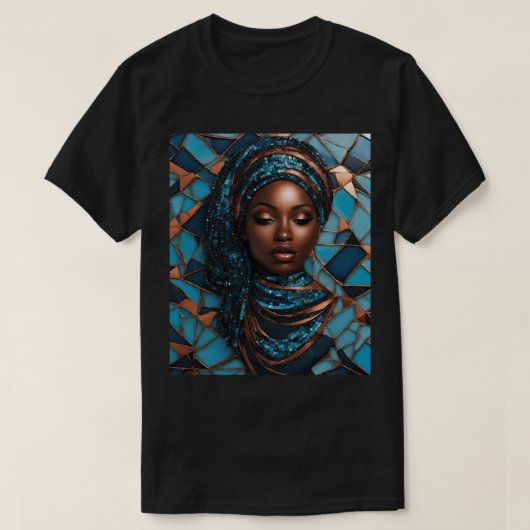 Zwart Vrouw Blauw Koper Mozaïek T-shirt (Design voorkant)