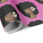 Zwart Vrouw, Bloem in Natuurlijk Haar, Roze Magent Cadeaupapier (Rol Hoek)