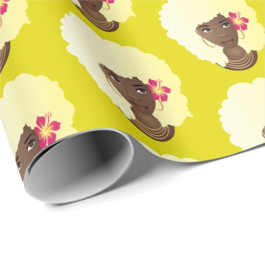 Zwart Vrouw, Blond Afro met Bloem, Geel Cadeaupapier (Rol Hoek)