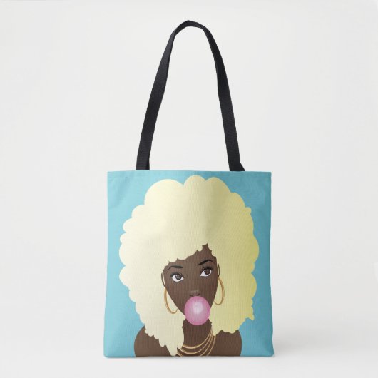 Zwart Vrouw, Blond Afro, Roze Bubblegum, Blauw Tote Bag (Voorkant)