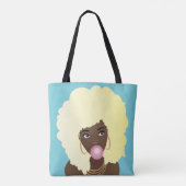 Zwart Vrouw, Blond Afro, Roze Bubblegum, Blauw Tote Bag (Achterkant)